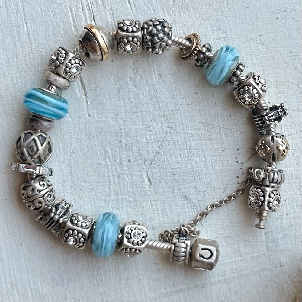 Pandora Sterling Bracelet with Light Blue Murano Beads - Picture 3 of 5